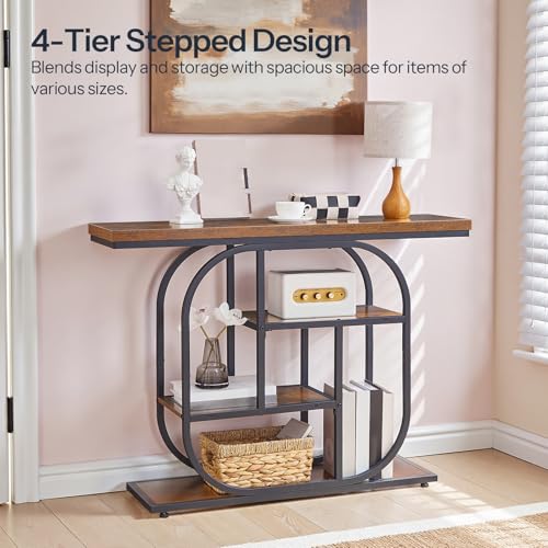 HOOBRO 43.3" Console Table, 4-Tier Sofa Table, Industrial Entryway Table, Behind Couch Table, Accent Table with Storage Shelf for Entryway, Foyer, Living Room, Bedroom, Hallway, Rustic Brown BF65XG01 HOOBRO