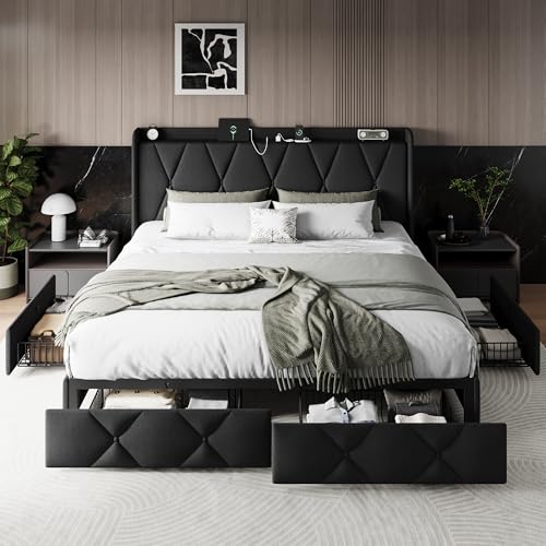 Einhomn King Size Bed Frame with 4 Storage Drawers and Charging Station, Upholstered Platform Bed Frame with Storage Headboard, No Box Spring Needed, Easy Assembly, Black Einhomn