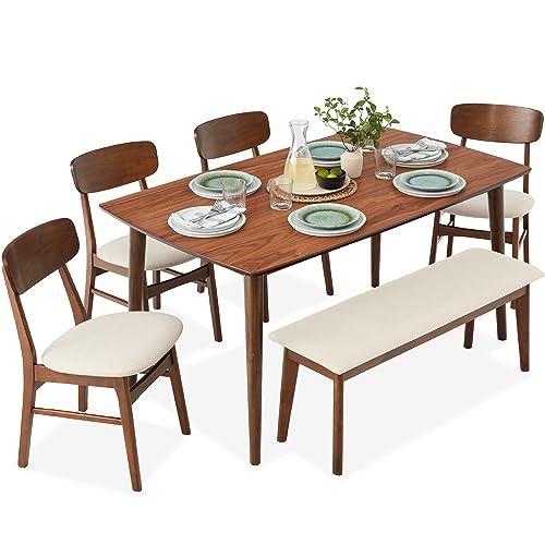 Best Choice Products 6-Piece Wooden Dining Set, Mid-Century Modern Table & Upholstered Chair Set w/Bench Seat, Rubberwood Legs - Walnut/Cream Best Choice Products