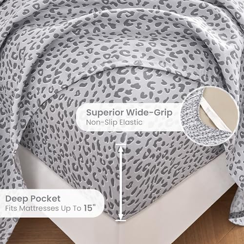 Mooreeke Leopard Cheetah Printed Queen Bed Sheets, Soft Microfiber Bedding Sheets & Pillowcases, Deep Pocket Non-Slip Fitted Queen Sheet, Silver Grey Animal Pattern Bedsheets Mooreeke