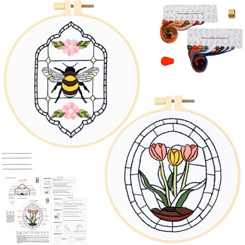 Armindou Flowers Bee Embroidery Kits for Beginners Adults, Floral Hand Embroidery Set Needlepoint DIY Kits, Stamped Cross Stitch Kits for Beginners Adults, 2 Embroidery Hoops (Attached Video Tutorial)
