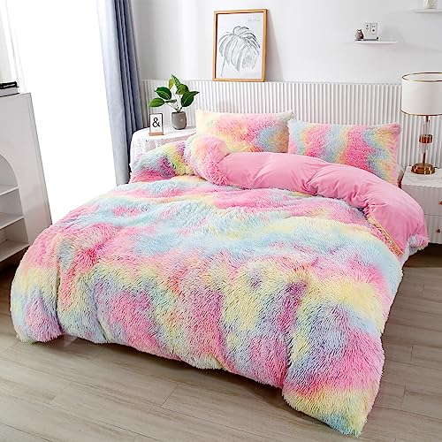 PERFEMET Pink Faux Fur Fluffy Comforter Twin 3-Piece Colorful Rainbow Plush Shaggy Bedding Sets for Girls Tie Dye Fuzzy Furry Comforter Set(Pink, Twin) PERFEMET