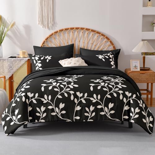 METAHOTS King Size Comforter Set - 7 Pieces White Floral Botanical Printed on Black King Comforter Set with Sheets, Soft Lightweight Microfiber Bedding Set for All Season(104"X90") METAHOTS