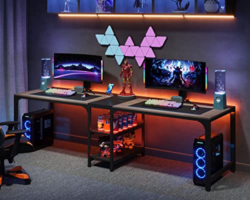 Tribesigns 90.55'' 2 Person Desk with Storage Shelves, Double Computer Desk with Spacious Desktop, Extra Long Study Writing Table Workstation for Home Office (Black & Gray) Tribesigns
