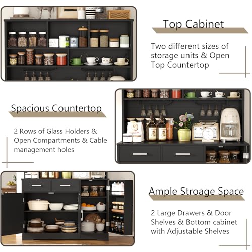 Tall Pantry Cabinet, Modern Kitchen Hutch with Microwave Stand, Kitchen Pantry Storage Cabinet with 2 Darwers & Door Shelf, Food Pantry with Goblet Holders & Adjustable Shelves for Dining Room, Black Gyfimoie
