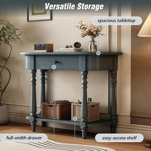 MTHOUSE 36" Narrow Console Table with Curved Corner | Retro Entryway Table with Top Drawer and Open Shelf | Sofa Table Console for Entryway, Hallway & Living Room (Navy) MTHOUSE