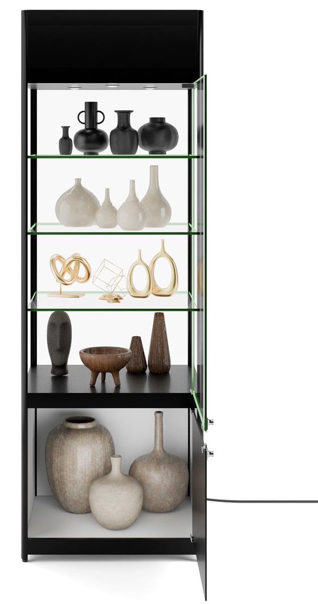 Displays2go 72" Curio Cabinet, 4 Display Levels, LED Top Lighting, Locking Door and Storage Base - Black (SCTWRLD24) Displays2go