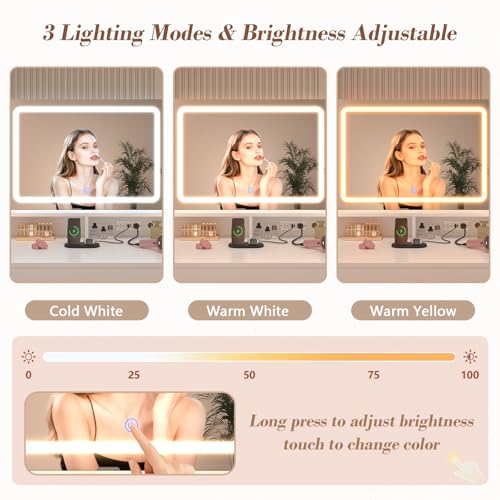 Vanity Desk with LED Mirror and 360 Rotating Makeup Organizer Shelves, White Makeup Vanity with Lights & Charging Station, Large Vanity Table with 6 Storage Drawers Bedroom Makeup Desk for Women Girls CSZZD