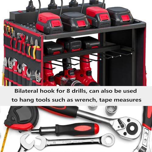 Luffioner Power Tool Organizer Cart with 8 Outlets Charging Station, Tools Storage Cart with DIY Drawer, Wheels, Power Strip, Utility Rack for Power Tools, Batteries, Wrench, Repair Tools (Red) Luffioner