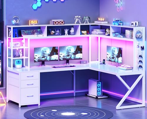 SEDETA Corner Computer Desk, Convertible 94.5" Gaming Desk with Storage Drawers, Hutch and Pegboard, L Shaped Office Desk with Power Outlet, LED Lights for Home Office, White SEDETA