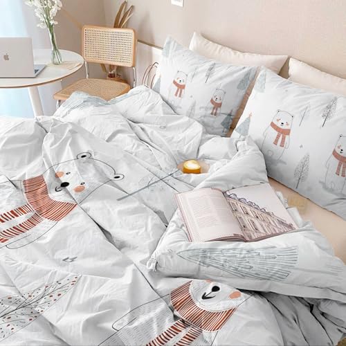 Aesthetic Duvet Cover Set White - Single 3-Piece Double-Sided Printed Bedding with Minimalist Bear Cartoon Design, Ultra-Soft Microfiber Quilt Cover with Zipper for a Calm Generic