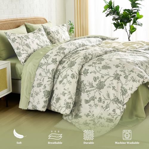 Luxudecor Floral Queen Comforter Set 7 Pieces Bed in a Bag, Sage Green Flower with Bird Bedding Set, Soft Reversible Comforter with Sheet Set 90"x90" Luxudecor
