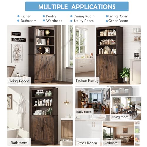 Tall Farmhouse Kitchen Pantry Cabinet with Adjustable Shelves and Barn Doors - Hlivelood 71" Brown Storage Solution Hlivelood