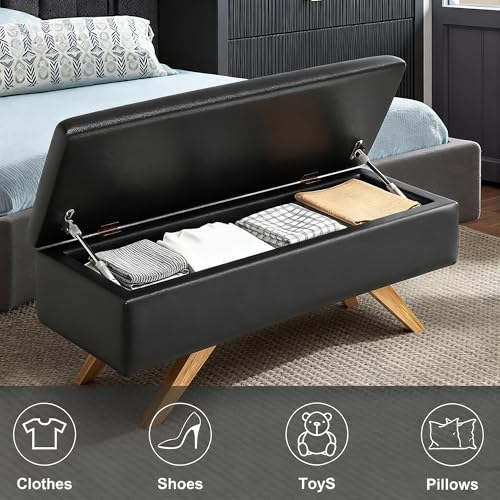 VECELO 44.1" Ottoman with Storage, Storage Ottoman Bench with 2 Gas Spring Lid Supports, PU Leather Upholstery, Solid Wood Legs, Black Shoe Bench for Bedroom, Living Room, Entryway VECELO