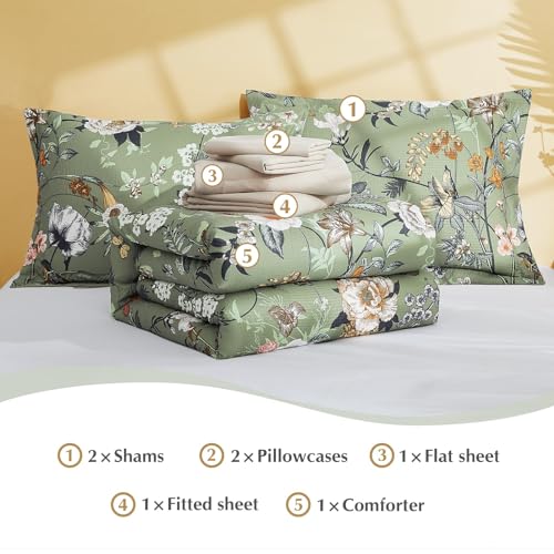 CASAAGUSTO Full Size Comforter Sets-7 Pieces Green Floral Bedding Sets, Bed in a Bag Full with Botanical Butterfly Comforter, Sheets, Pillowcases & Shams for All Seasons CASAAGUSTO