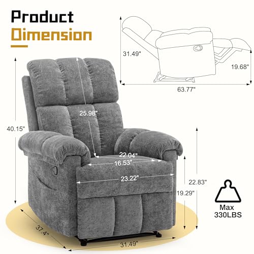 Korser Recliner Chair, Living Room Recliner Chairs for Adults, Small Recliners for Small Spaces, Upholstered Manual Recliner with Side Pockets, Modern Nursery Chair for Living Room, Chenille, Grey