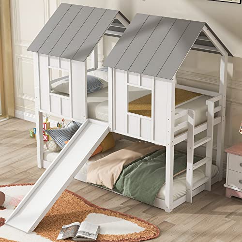 Merax Twin-Over-Twin Wooden House Bunk Bed with Slide, Windows, Ladder and Guardrails, Twin Size White House Bunk Bed Merax