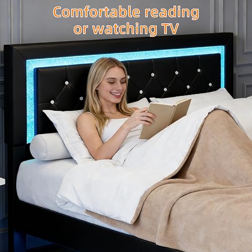 AILUNWALL Floating Bed Frame Full with LED Light, Upholstered Queen Bed Frame with Headboard, Solid Wood Slats Support, Noise-Free, Easy Assembly, No Box Spring Needed (Black, Full) AILUNWALL