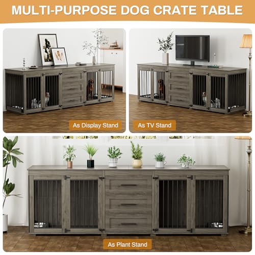 OUYESSIR 94.5" Large Dog Crate Furniture for 2 Dogs, Double Wooden Dog Kennel Furniture with 4 Dog Bowls & 3 Drawers, Heavy Duty Indoor Furniture Style Dog Cage TV Stand/Table/House, Grey OUYESSIR