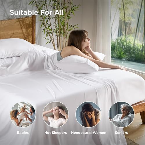 Bedsure Full Size Bed Sheets, Cooling Sheets, Rayon Derived from Bamboo, Deep Pocket Up to 16", Breathable & Soft, Hotel Luxury Silky Bedding for Hot Sleepers, White Bedsure
