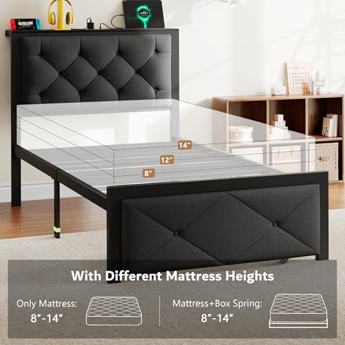 iPormis Twin Bed Frame with Storage Drawers, Linen Upholstered Headboard Platform Bed with Charging Station, No Box Spring Needed, Metal Slats Support, Noise-Free, Easy Assembly, Black iPormis