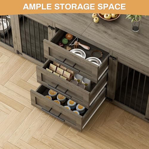 OUYESSIR 94.5" Large Dog Crate Furniture for 2 Dogs, Double Wooden Dog Kennel Furniture with 4 Dog Bowls & 3 Drawers, Heavy Duty Indoor Furniture Style Dog Cage TV Stand/Table/House, Grey OUYESSIR
