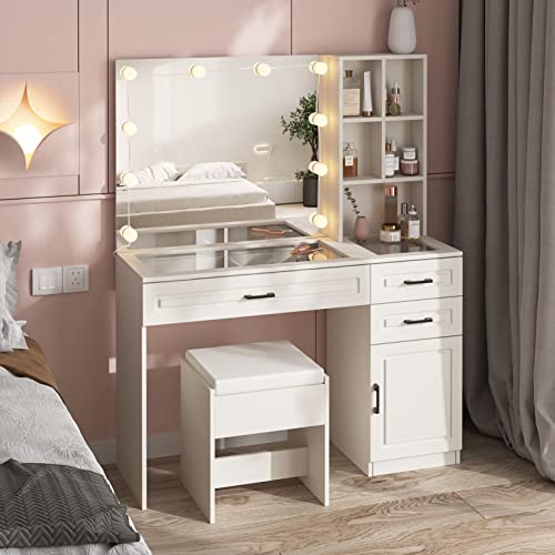 Fameill White Vanity Desk with Mirror and Lights,Glass Top Vanity Table with 3 Drawers and Cabinets,Large HD Mirror Makeup Desk,3 Lighting Modes, Brightness Adjustable,45 in(L) Fameill