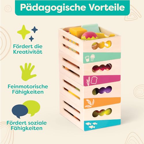 B. toys- Little Foodie Groups- Pretend Play Wooden Play Food – Food Group Crates – 24 Play Kitchen Accessories – Educational Toys for Kids – 3 Years + B. toys