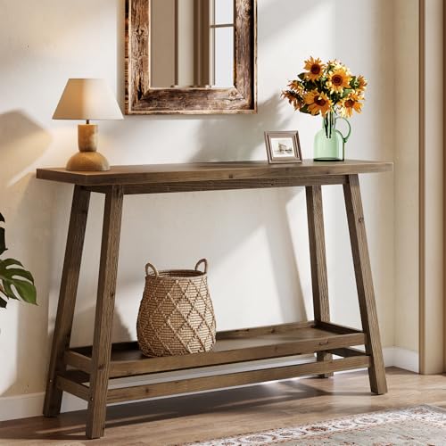 TRIBEWOOD 41.3" Farmhouse Console Table, Solid Wood Entryway Table with Storage Shelf, 2 Tiers of Narrow Behind Couch Sofa Furniture for Living Room, Hallway, Foyer, Easy Assembly, Brown TRIBEWOOD