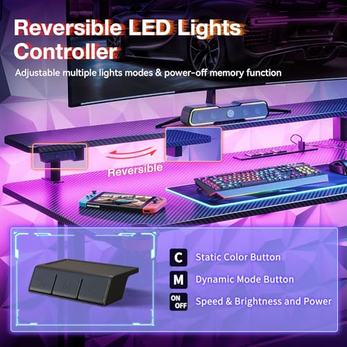 MOTPK 47 Inch Gaming Desk with LED Lights, Computer Desk Gaming Table with Monitor Shelf, Gamer Desk with Carbon Fiber Texture, Kids Boys Desk Gift for Men MOTPK