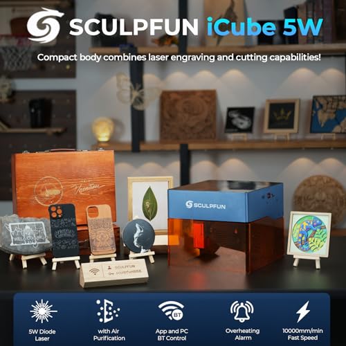 SCULPFUN iCube Pro Laser Engraver, 5000mW Desktop Laser Cutter with Smoke Filtration System, Laser Class 4, 125×125mm Engraving Area, No Assembly Required, 0.01mm Carving Precision KoveYzao