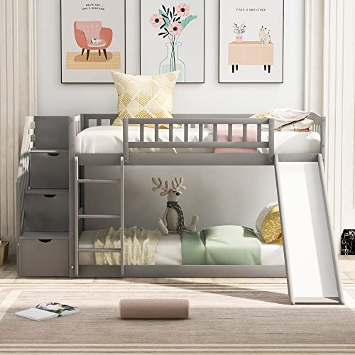 RuiSiSi Twin Bunk Bed with Slide and Stairs, Wood Low Bunk Bed Frame with Storage Stairs & Safety Guard Rails, Space-Saving Floor Bunk Beds for Kids Boys Girls, Grey RuiSiSi