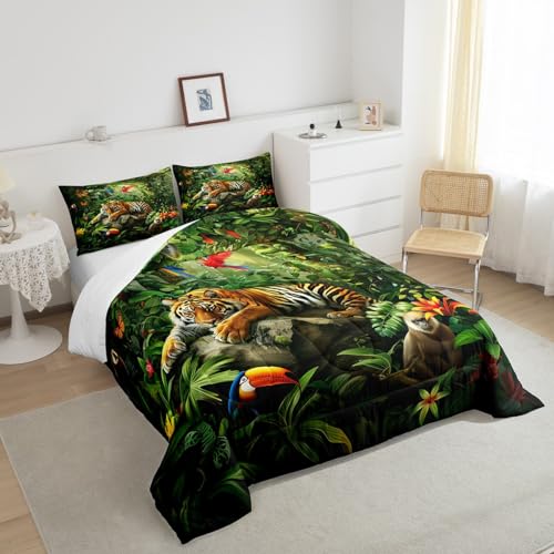 3D Tiger Comforter Set Queen Size,Monkey Parrot Wild Animals Bedding Set,Tropical Palm Tree Jungle Quilt Set for Kids Boys Girls Adult Bedroom Decor,Nature Wildlife Theme Duvet Insert,2 Pillowcases Castle Fairy