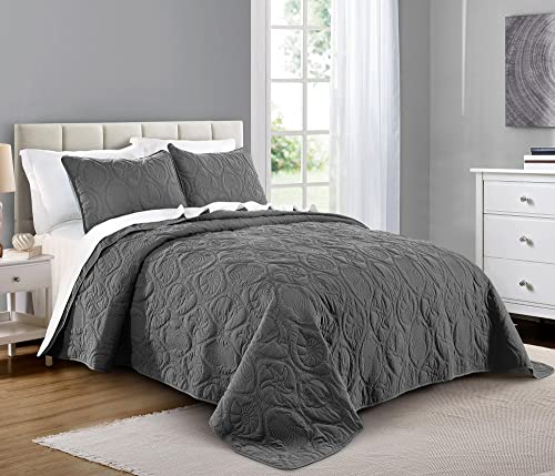 Pure Bedding Quilt Set Full/Queen Size Dark Grey - Oversized Bedspread - Soft Microfiber Coverlet for All Season - Includes 1 Quilt and 2 Shams, Ocean Star Pattern Pure Bedding