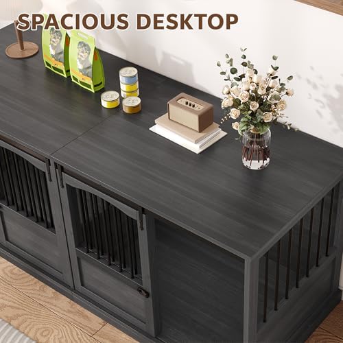 Homiflex 70.86" Double Dog Crate Furniture for 2 Medium Large Dogs Wooden Heavy Duty Dog Kennel Furniture with 2 Sliding Doors and Divider Decorative Dog Cage TV Stand End Table for Indoor Drak Grey Homiflex