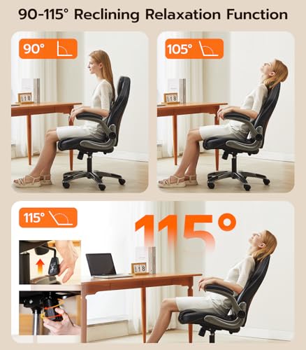 Office Desk Chair, Ergonomic Computer Chair with Padded Flip-Up Arms and Adjustable Lumbar Support, PU Leather Executive Chair with Tilt Lock and 360° Swivel Rolling Wheels for Work, Study Ylzyxal