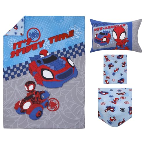 NoJo Marvel Spiderman Spidey and his Amazing Friends Spidey Time Red, Blue, and Grey 4 Piece Toddler Bed Set - Comforter, Fitted Bottom Sheet, Flat Top Sheet, and Reversible Pillowcase NoJo