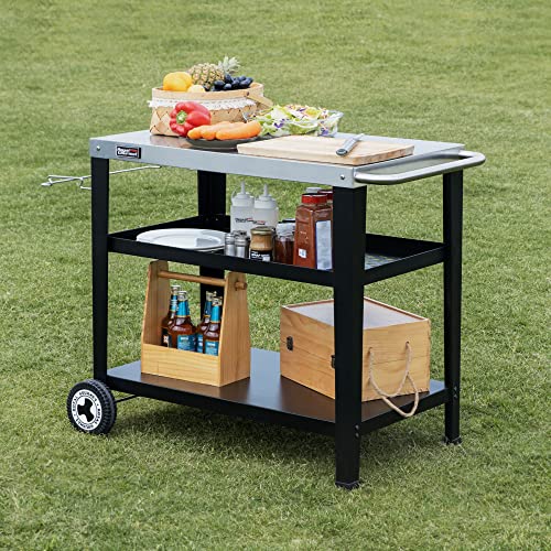 Royal Gourmet PC3404S Rolling Dining Table with Trash Bag Holder, Outdoor Garden Patio BBQ Kitchen Food Prep Table Cart, 34"L x 20"W Stainless Steel Tabletop, Silver & Black Royal Gourmet