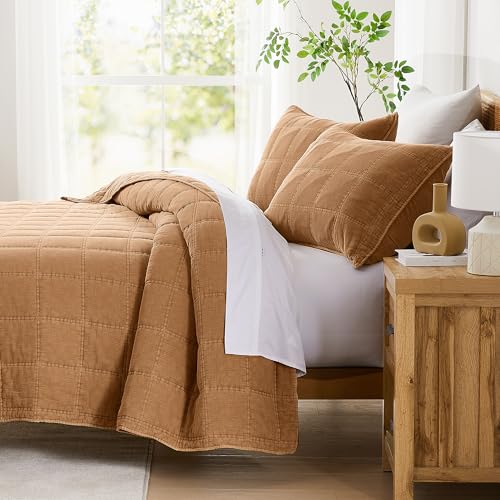 Lush Decor Logan Stone Washed Cotton Quilt 3 Piece Set Full/Queen Sienna - Rustic Bedding Set - Soft Terracotta Quilt - Lightweight - Minimalist & Boho Bedroom Decor Lush Decor