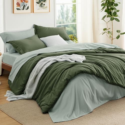 Bedsure Queen Comforter Set - 7 Pieces Olive Green Queen Bedding Set for All Seasons, Boho Contrasting Design Bed in a Bag with Comforter, Sheets, Pillowcases & Shams Bedsure