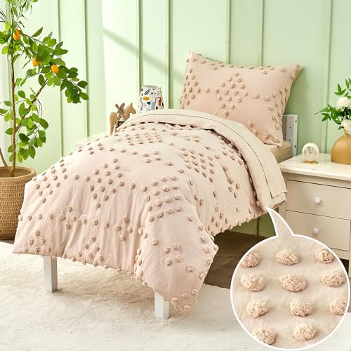 Toddler Bedding Set for Girls 4-Piece Beige Jacquard Pom Pom Tufts Embroidery Bohemian Boho Tufted Dots Comforter Set for Baby Kids Bed-in-a-Bag with Comforter, Flat Sheet, Fitted Sheet, Pillowcase VIVILINEN