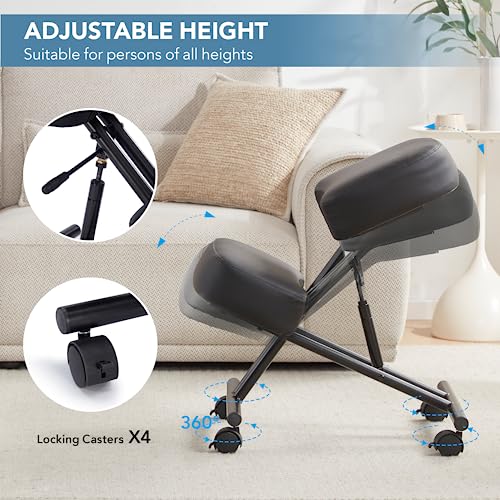 SOMEET Ergonomic Kneeling Chair, Modern Style, Kneeling Office Chair, Black Pu Kneeing Chair, Metal Frame, Foam Seat, 250 lbs Weight Capacity, Adjustable Height, Lockable Casters SOMEET