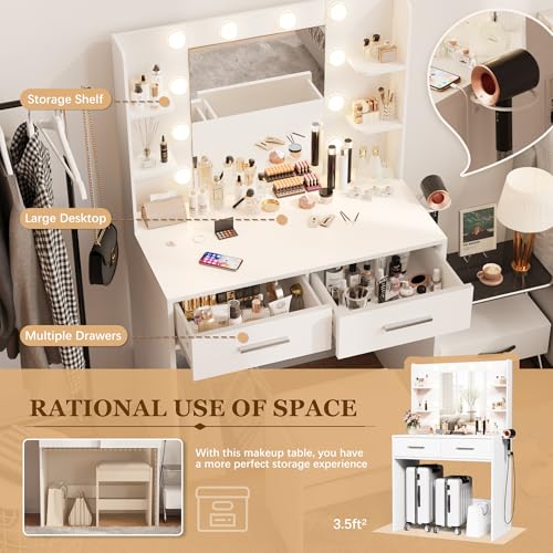 Furmax Make up Vanity Desk with Mirror and Power Outlet, Vanity with 3 Color Light Options Adjustable Brightness,Vanity Desk with 2 Drawers, 6 Storage Shelves (White, No Bench) Furmax