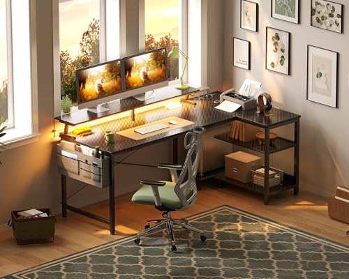 ODK 58 Inch Gaming Desk with USB Charging Ports and LED Lights, Reversible L Shaped Computer Desk with Storage Shelves & Monitor Stand, Corner Gamer Desk Table with Power Outlets, Black ODK