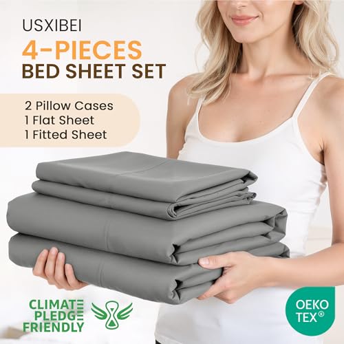 USXIBEI Queen Size 4 Piece Sheet Set - Comfy Breathable & Cooling Bed Sheets Set, Soft and Wrinkle Free, Deep Pockets, Easy & Secure Fit, Hotel Luxury Bedding for Women, Men - Oeko-Tex - Dark Grey USXIBEI