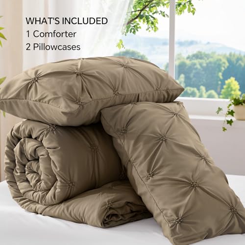 BEDELITE Light Brown Queen Comforter Set - 3 Pieces Boho Pintuck Bedding Comforter Sets, Lightweight Soft & Warm Bed Comforter Queen with 2 Pillowcases for All Season