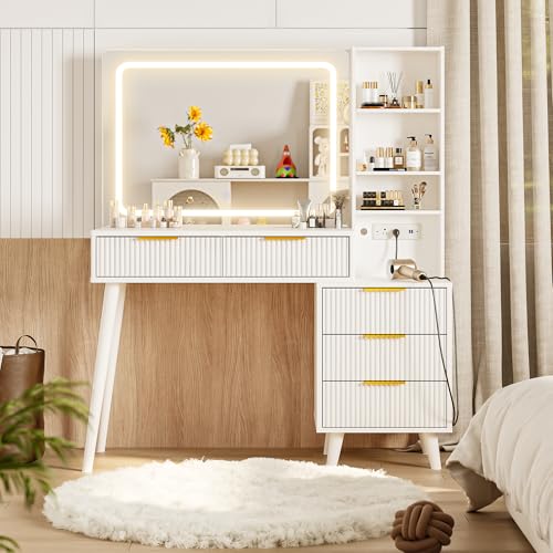 Vanity Desk with Mirror and Lights, Makeup Vanity Desk with Power Outlet, Makeup Desk with 5 Drawers&Storage Shelves, Vanity Table 3 Color Modes Adjustable Brightness Dressing Table Set for Bedroom INNOD