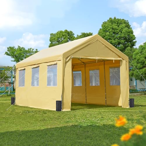 ADVANCE OUTDOOR 10x20 ft Adjustable Height Carport with Removable Window Sidewalls and Doors, Heavy Duty Car Canopy Garage Party Tent Boat Shelter with Reinforced Poles, Beige ADVANCE OUTDOOR