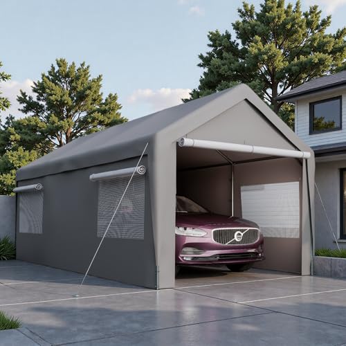 Trygoal 10x20 FT Heavy Duty Carport, Outdoor Storage Shed Tent with Removable Sidewalls & Roll-Up Ventilated Windows, All-Season Portable Garage Shelter with Rubber Ropes & Ground Anchors, Grey Trygoal