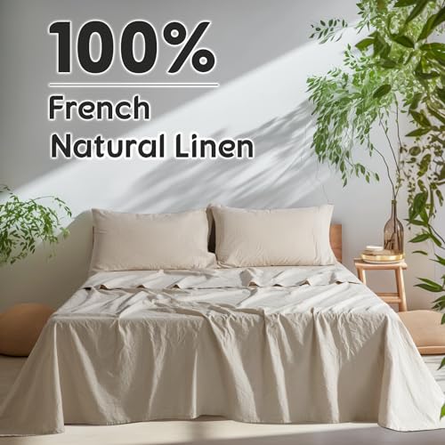 SONORO KATE 100% French Pure Linen Sheets, Breathable and Durable Linen King Size Sheets, Anti-Tear Linen Bed Sheets, Machine Washable, 16 Inch Deep Pocket - 4 Piece (Natural Linen, King) SONORO KATE